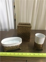 3 Piece Bathroom Set w/ bronze bases & tissue box