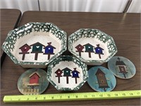 Porcelain Octagon Bowls w/ Birdhouses & Coasters