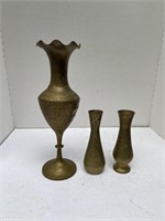 3 Etched Brass Vases