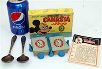 2 Vintage Mickey Mouse Spoons & Canasta Jr Game