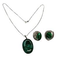 Sterling Silver Necklace & Earrings w/ Malachite