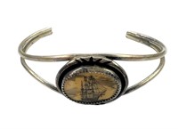 Scrimshaw Carved Ship Sterling Silver Bracelet