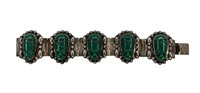 Sterling Silver Bracelet w Carved Green Onyx Faces
