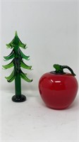 Art Glass Red Apple & Christmas Tree w Hangers
