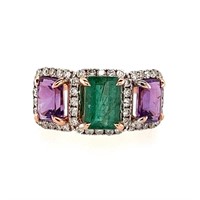 14ct r/g emerald, amethyst & dia ring