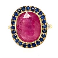 10ct y/g ruby (6.59ct) & sapphire ring