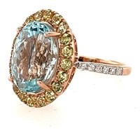 14ct r/g Aquamarine & y/sapphire dia ring