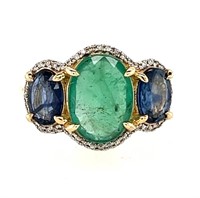 14ct y/g emerald, sapphire & diamond ring