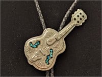 Turquoise & Silver Toned Guitar Bolo Tie