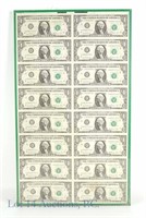 Uncut Sheet of (16) U.S. $1 Bills