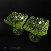 19th C. Uranium Glass Square Candy Dishes & Glass