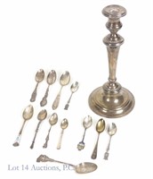 Sterling Silver Spoons (12) & Silver Candleholder