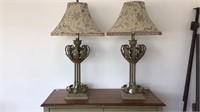 Two end table lamps, metal bases and fringed