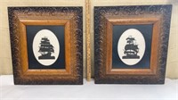 Pair of ornate frames w/ ship silhouettes approx