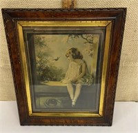 Framed print - Young girl w/ bluebirds - nice old