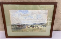 Framed watercolor - pastoral scene w/ cows approx