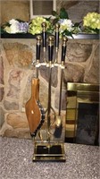 Brass fireplace tools and stand