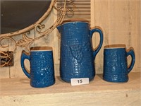 Blue Uhl Grapevine Pitcher & (2) Mugs