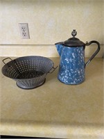 Granite colander, enamel coffee pot