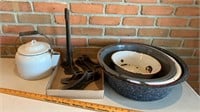 Enamelware tubs, kettle, shoe lasts