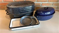 Enamelware roasting pans, oblong tray, mini pie