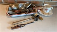 Vintage kitchen tools, china plate & teacup, more