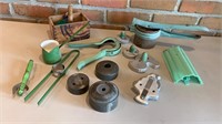 Vintage green kitchen tools, cookie cutters,