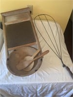 Wooden bowl, paddle, rug better, washboard