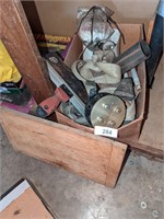 Box of Garage Misc.+ Old Cutting Board
