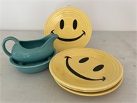 4 Smiley Face Plates, Fiesta Gravy Boat, Bowl