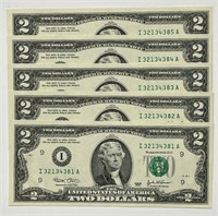 Sequential $2 Bills - Lot of 5