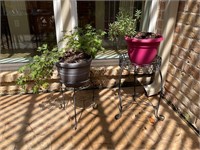 PAIR OF PLANT STANDS, PLANTERS W/PLANTS