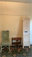 Wood privacy curtain, side table and wicker chair