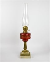 Ruby Glass Oil Lamp with Greek Key Pattern Font