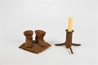 Wooden Carved Boot, Match Holder and Candle Stick