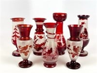 7 Hand Blown Ruby Flash & Frosted Glass Vases