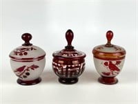 3 Hand Blown Ruby Flash & Frosted Covered Jars