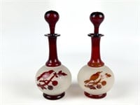 2 Hand Blown Ruby Flash & Frosted Glass Bottles