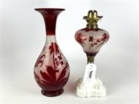 Ruby Flash Glass Oil Lamp & Vase