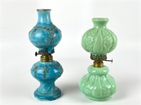 2 Miniature Colored Glass Oil Lamps