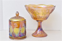 Carnival Glass Pedestal Bowl & Canister