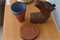 Carved Horse Head, Pottery Cup & Leather Coasters