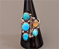 Sterling & Multi-Stone Turquoise Ring (Size 8)