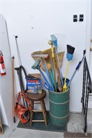 Bargain Lot: Brooms, Small Barrel, Stool, Hoover