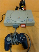 Sony Playstation, controller, memory card, cords.