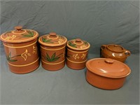 Pottery Style Cannister Set Plus Two Small