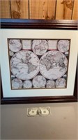 Framed old double emisphere map of the world
