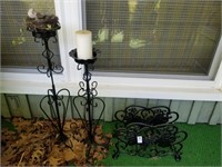 Wrought iron magazine rack and 2 tall candlestick