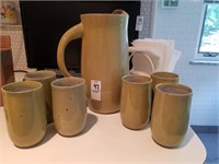 Pottery Pitcher and 6 glasses