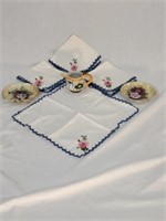 (4) Embroidered Napkins, Dishes & Creamer